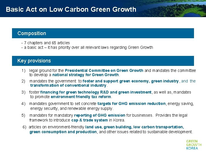 Basic Act on Low Carbon Green Growth Composition - 7 chapters and 65 articles
