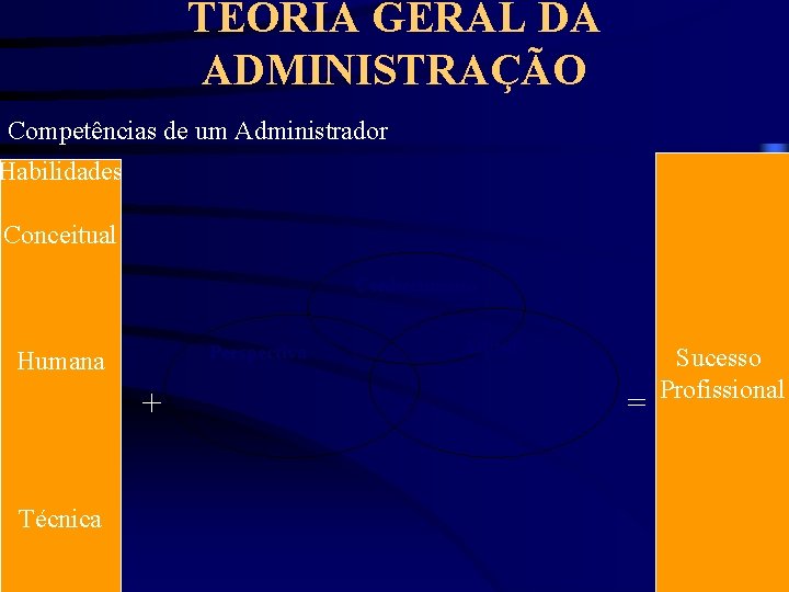 TEORIA GERAL DA ADMINISTRAÇÃO Competências de um Administrador Habilidades Conceitual Conhecimento • Perspectiva Humana