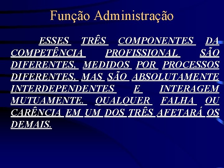 Função Administração ESSES TRÊS COMPONENTES DA COMPETÊNCIA PROFISSIONAL SÃO DIFERENTES, MEDIDOS POR PROCESSOS DIFERENTES,