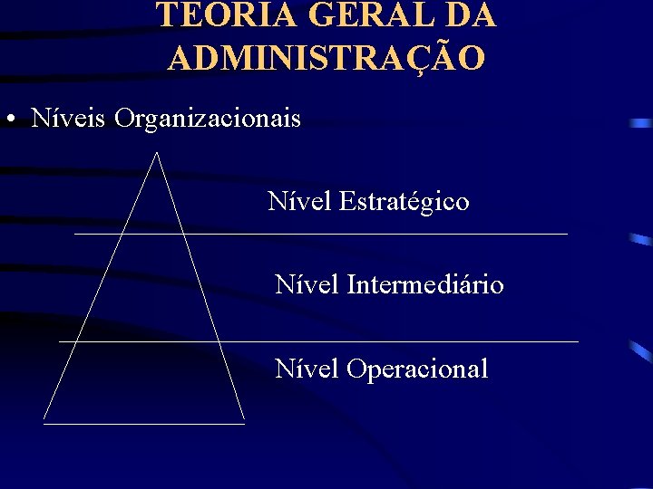 TEORIA GERAL DA ADMINISTRAÇÃO • Níveis Organizacionais Nível Estratégico Nível Intermediário Nível Operacional 
