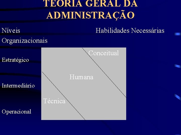 TEORIA GERAL DA ADMINISTRAÇÃO Níveis Organizacionais Habilidades Necessárias Conceitual Estratégico Humana Intermediário Técnica Operacional