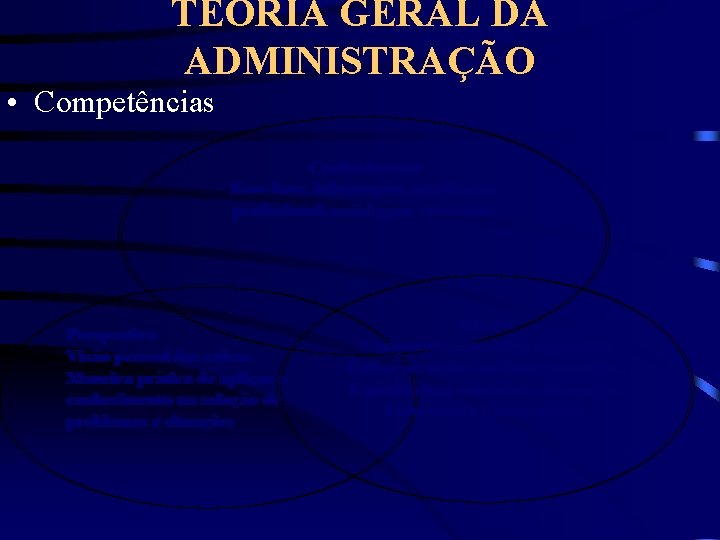 TEORIA GERAL DA ADMINISTRAÇÃO • Competências Conhecimento Kow-how, informação, atualização profissional, reciclagem constante. Perspectiva