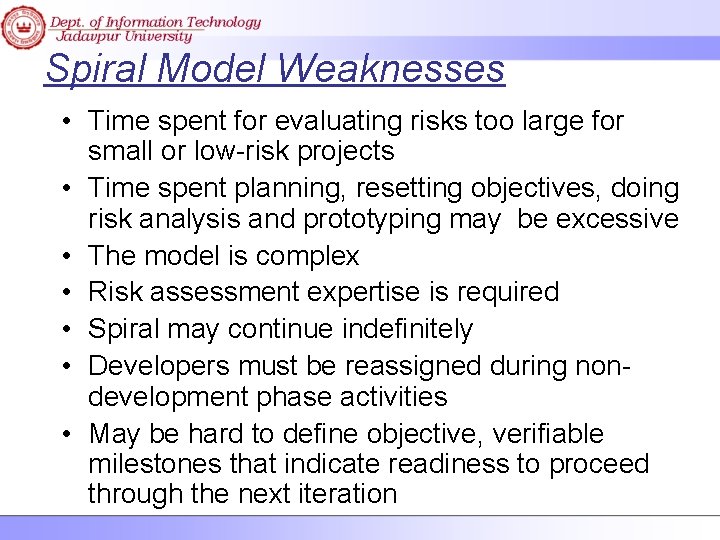 Spiral Model Weaknesses • Time spent for evaluating risks too large for small or