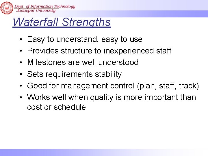 Waterfall Strengths • • • Easy to understand, easy to use Provides structure to