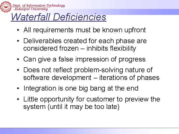 Waterfall Deficiencies • All requirements must be known upfront • Deliverables created for each