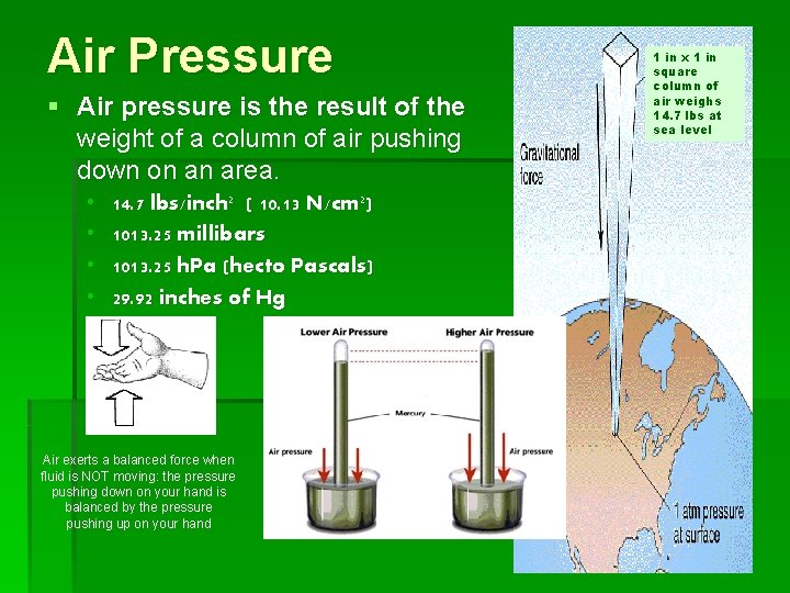 Air Pressure § Air pressure is the result of the weight of a column