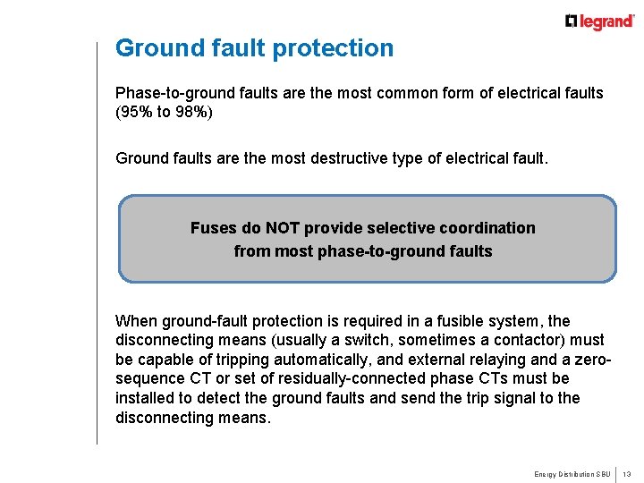 Ground fault protection Phase-to-ground faults are the most common form of electrical faults (95%