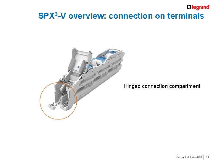SPX 3 -V overview: connection on terminals Hinged connection compartment Energy Distribution SBU 34 SPX 3 -V overview: connection on terminals Hinged connection compartment Energy Distribution SBU 34
