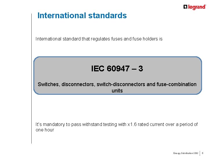 International standards International standard that regulates fuses and fuse holders is IEC 60947 –