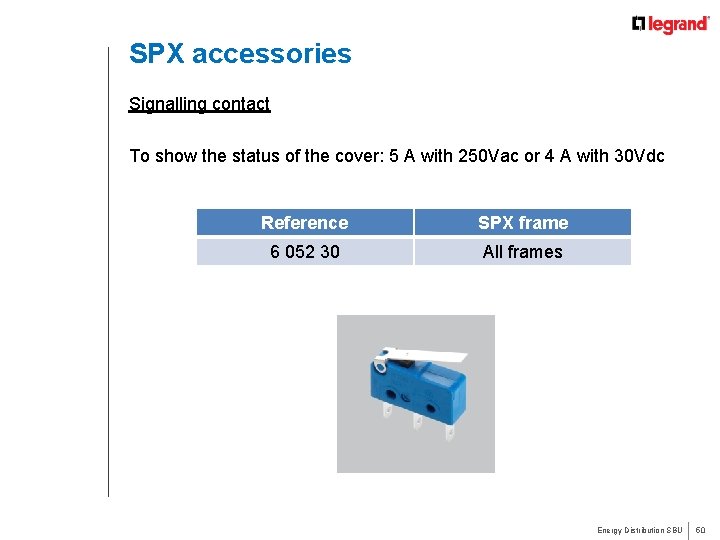 SPX accessories Signalling contact To show the status of the cover: 5 A with