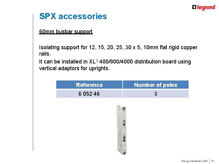 SPX accessories 60 mm busbar support Isolating support for 12, 15, 20, 25, 30