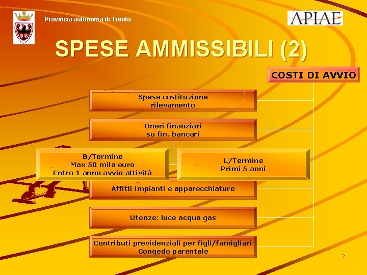 Provincia autonoma di Trento SPESE AMMISSIBILI (2) COSTI DI AVVIO Spese costituzione rilevamento Oneri