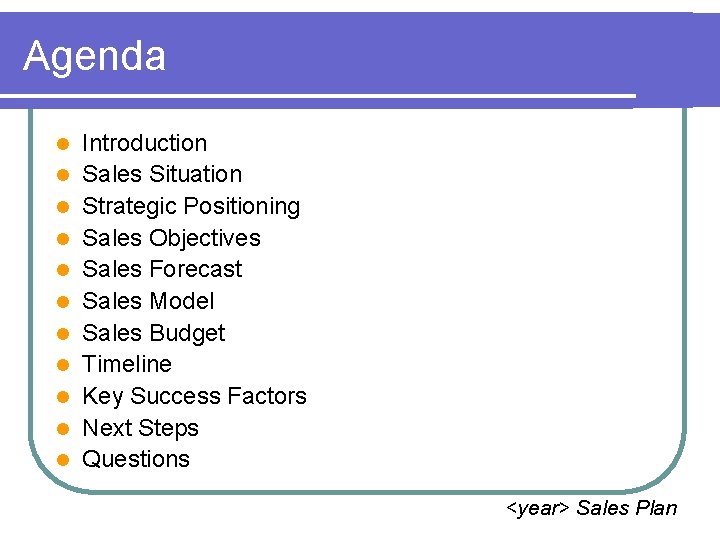 Agenda l l l Introduction Sales Situation Strategic Positioning Sales Objectives Sales Forecast Sales