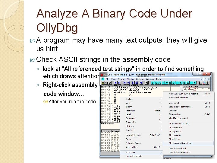 Analyze A Binary Code Under Olly. Dbg A program may have many text outputs,