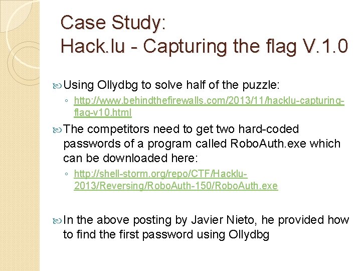 Case Study: Hack. lu - Capturing the flag V. 1. 0 Using Ollydbg to