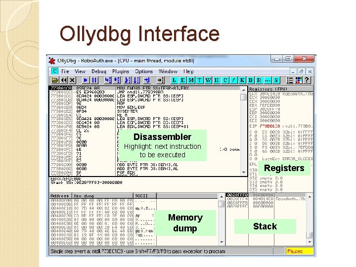 Ollydbg Interface Disassembler Highlight: next instruction to be executed Registers Memory dump Stack 