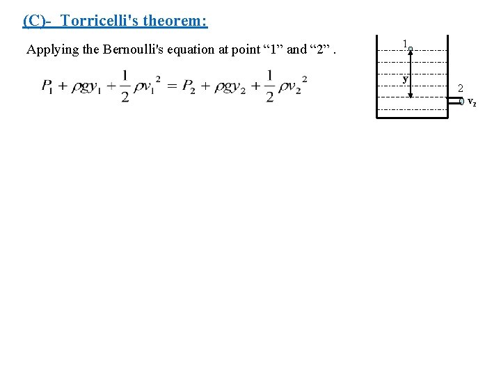 (C)- Torricelli's theorem: Applying the Bernoulli's equation at point “ 1” and “ 2”.