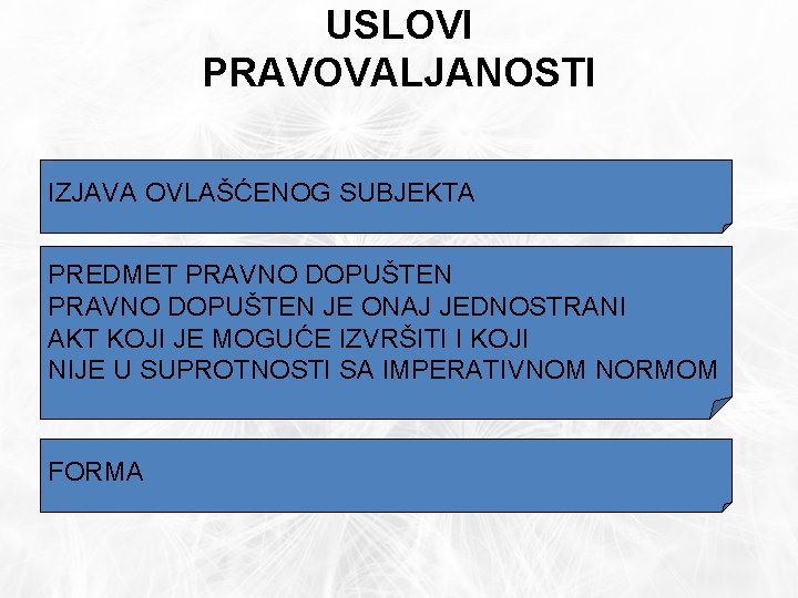 USLOVI PRAVOVALJANOSTI IZJAVA OVLAŠĆENOG SUBJEKTA PREDMET PRAVNO DOPUŠTEN JE ONAJ JEDNOSTRANI AKT KOJI JE