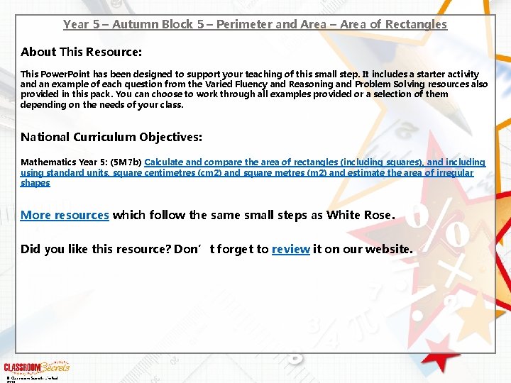 Year 5 – Autumn Block 5 – Perimeter and Area – Area of Rectangles