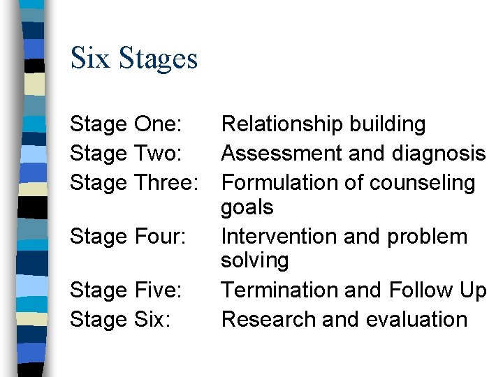 Six Stages Stage One: Relationship building Stage Two: Assessment and diagnosis Stage Three: Formulation