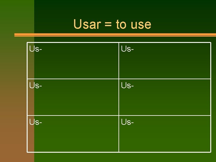 Usar = to use Us- Us- Us- 