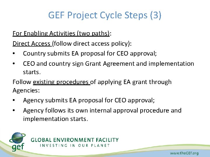 GEF Project Cycle Steps (3) For Enabling Activities (two paths): Direct Access (follow direct