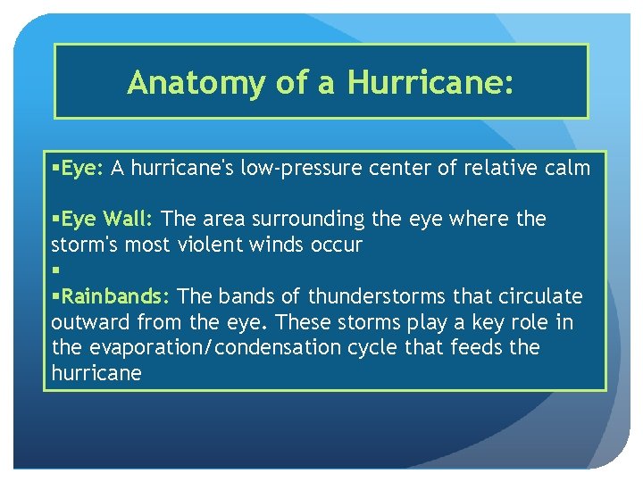 Anatomy of a Hurricane: §Eye: A hurricane's low-pressure center of relative calm §Eye Wall:
