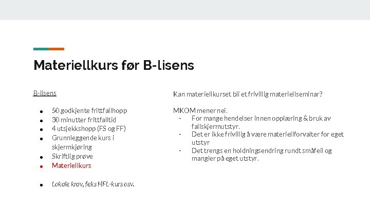 Materiellkurs før B-lisens ● 50 godkjente frittfallhopp 30 minutter frittfalltid 4 utsjekkshopp (FS og