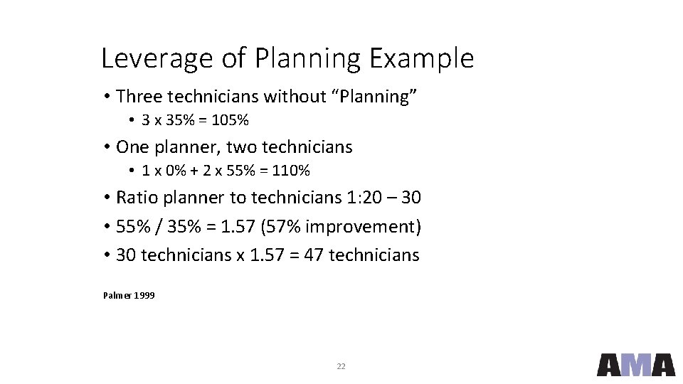 Leverage of Planning Example • Three technicians without “Planning” • 3 x 35% =