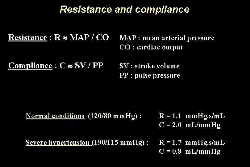 Resistance and compliance Resistance : R MAP / CO MAP : mean arterial pressure