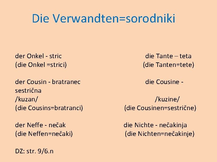 Die Verwandten=sorodniki der Onkel - stric (die Onkel =strici) die Tante – teta (die