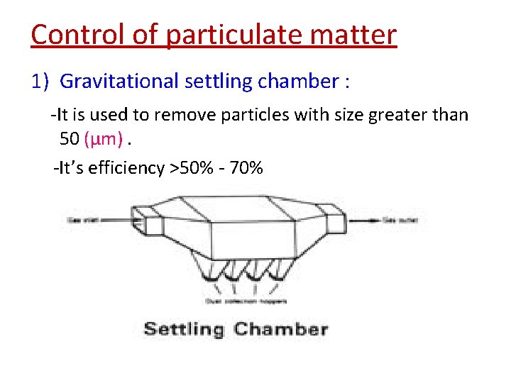 Control of particulate matter 1) Gravitational settling chamber : -It is used to remove