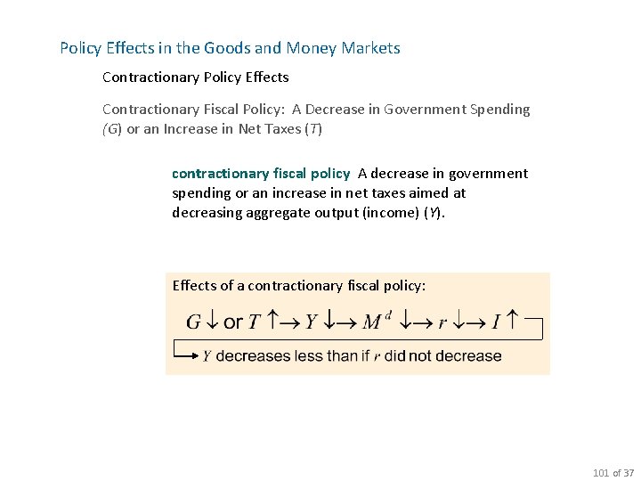 Policy Effects in the Goods and Money Markets Contractionary Policy Effects Contractionary Fiscal Policy: