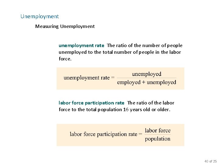 Unemployment Measuring Unemployment unemployment rate The ratio of the number of people unemployed to