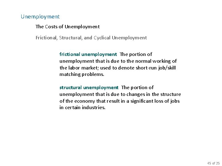 Unemployment The Costs of Unemployment Frictional, Structural, and Cyclical Unemployment frictional unemployment The portion