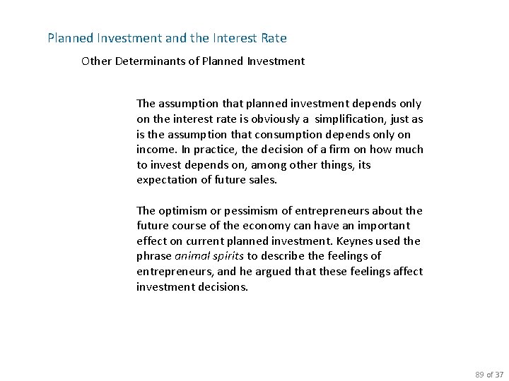 Planned Investment and the Interest Rate Other Determinants of Planned Investment The assumption that