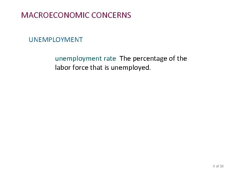 MACROECONOMIC CONCERNS UNEMPLOYMENT unemployment rate The percentage of the labor force that is unemployed.