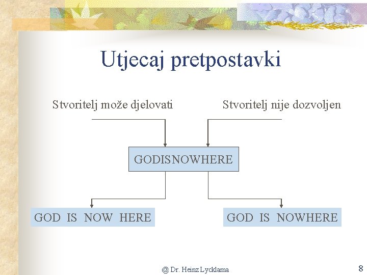 Utjecaj pretpostavki Stvoritelj može djelovati Stvoritelj nije dozvoljen GODISNOWHERE GOD IS NOWHERE @ Dr.