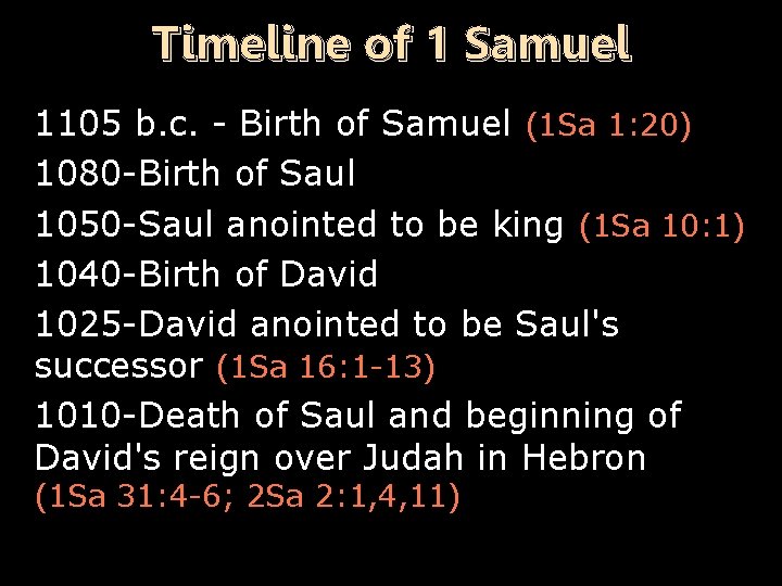 Timeline of 1 Samuel 1105 b. c. - Birth of Samuel (1 Sa 1:
