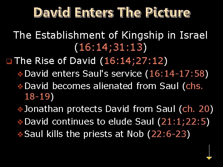 David Enters The Picture The Establishment of Kingship in Israel (16: 14; 31: 13)