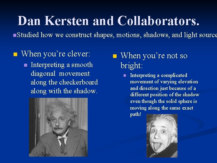 Dan Kersten and Collaborators. n. Studied how we construct shapes, motions, shadows, and light