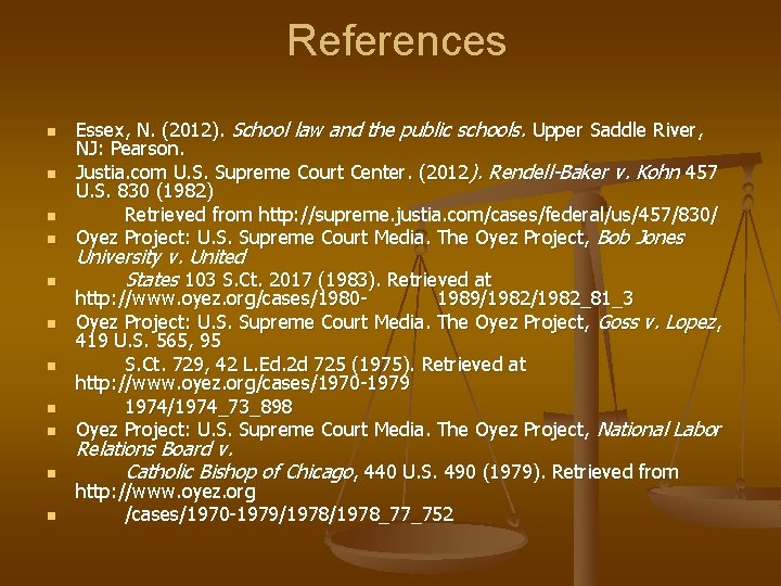 References n n n Essex, N. (2012). School law and the public schools. Upper