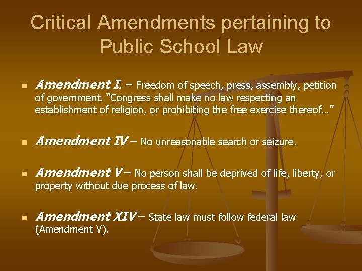 Critical Amendments pertaining to Public School Law n Amendment I. – Freedom of speech,