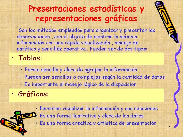 Presentaciones estadísticas y representaciones gráficas Son los métodos empleados para organizar y presentar las Presentaciones estadísticas y representaciones gráficas Son los métodos empleados para organizar y presentar las