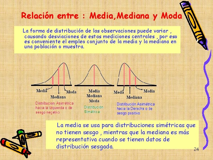 Relación entre : Media, Mediana y Moda La forma de distribución de las observaciones Relación entre : Media, Mediana y Moda La forma de distribución de las observaciones