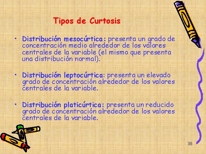 Tipos de Curtosis • Distribución mesocúrtica: presenta un grado de concentración medio alrededor de Tipos de Curtosis • Distribución mesocúrtica: presenta un grado de concentración medio alrededor de