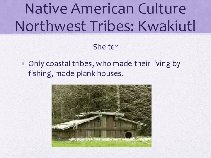 Native American Culture Northwest Tribes: Kwakiutl Shelter • Only coastal tribes, who made their