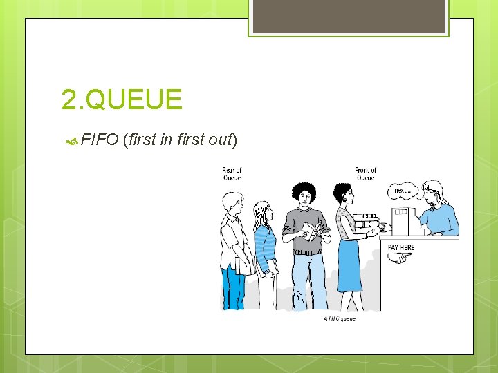 2. QUEUE FIFO (first in first out) 