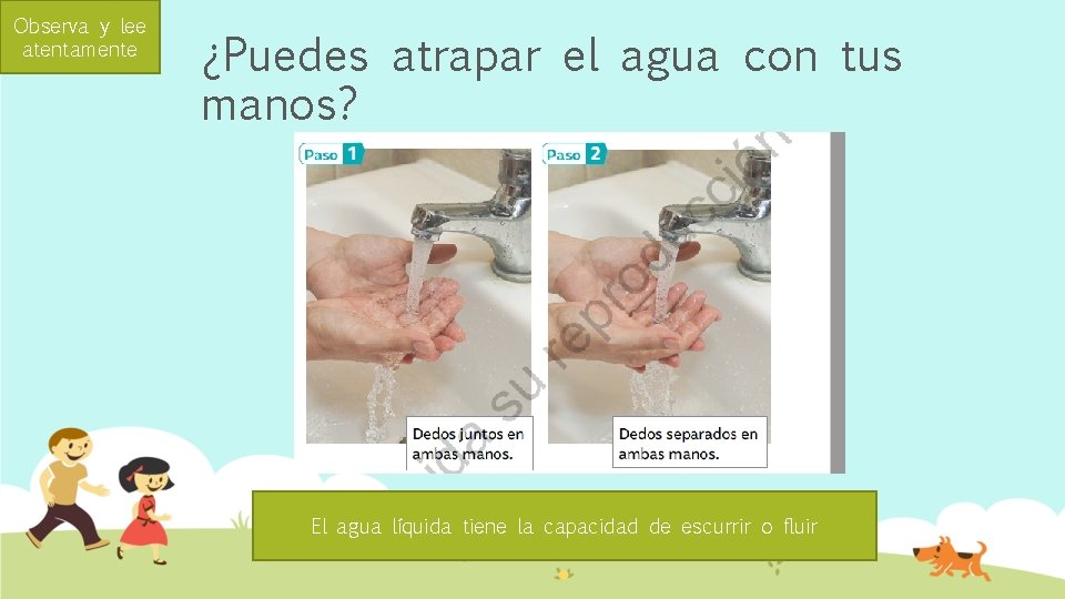 Observa y lee atentamente ¿Puedes atrapar el agua con tus manos? El agua líquida