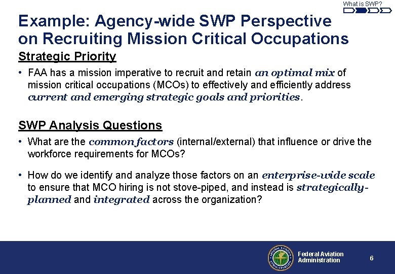 What is SWP? Example: Agency-wide SWP Perspective on Recruiting Mission Critical Occupations Strategic Priority